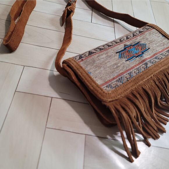 Minnetonka Suede Tan and Brown Fringe Crossbody Bag - Picture 14 of 16